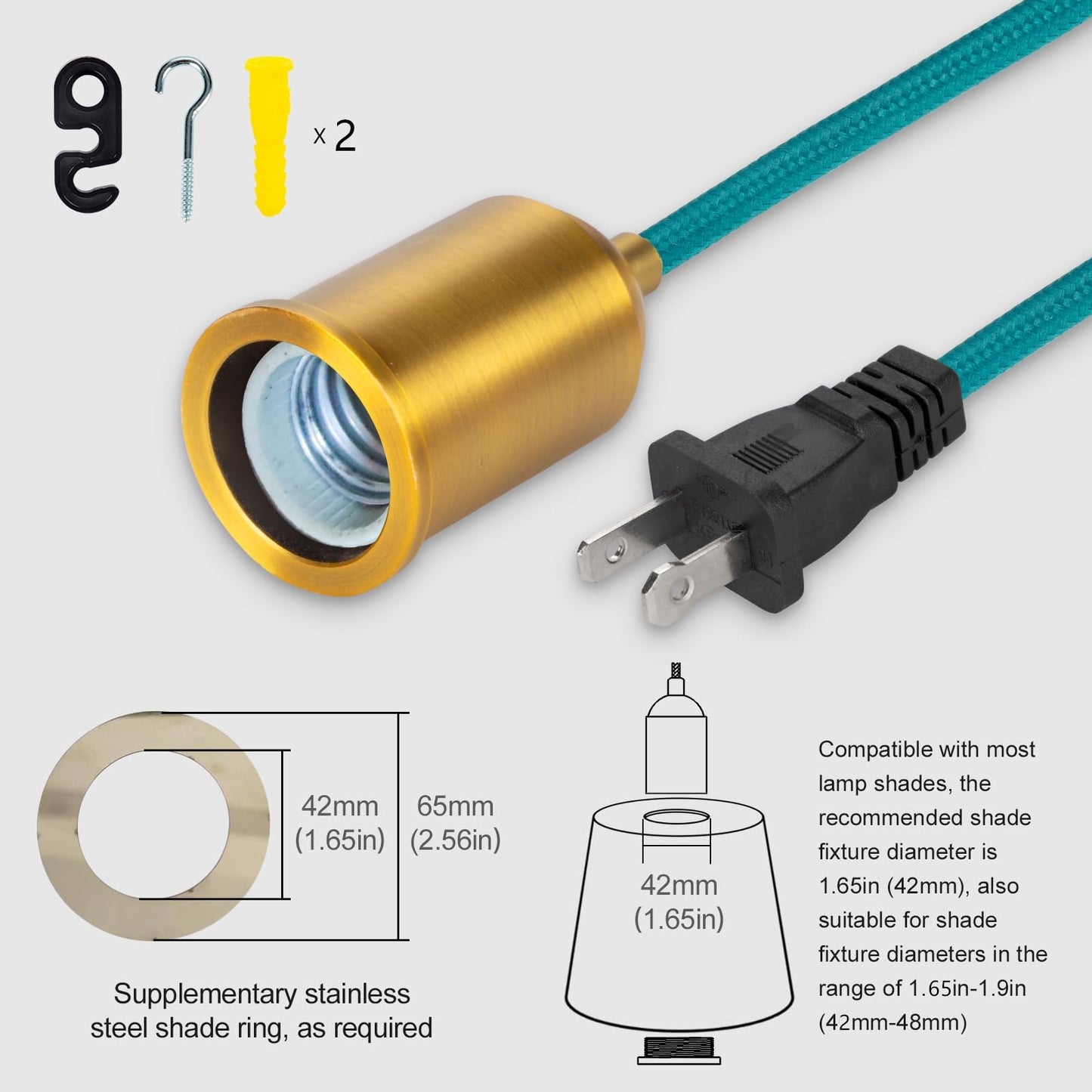 Hanging Light With Plug In Pendant Kit Cord Rope Lamp Bulb Socket Teal Exposed Lantern Fabric Cloth Switch Fixture With Braided Cords Industrial Porcelain Gold Holder Diy Swag Lighting 15Ft 2 Set