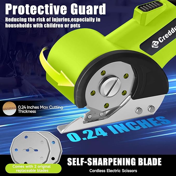 Cordless Electric Scissors，Cardboard Cutter Heavy Duty Scissor with 3 Blade, Safety Lock & Extra Blade，Rotary Cutter for Cardboard Fabric Plastic Leather Green