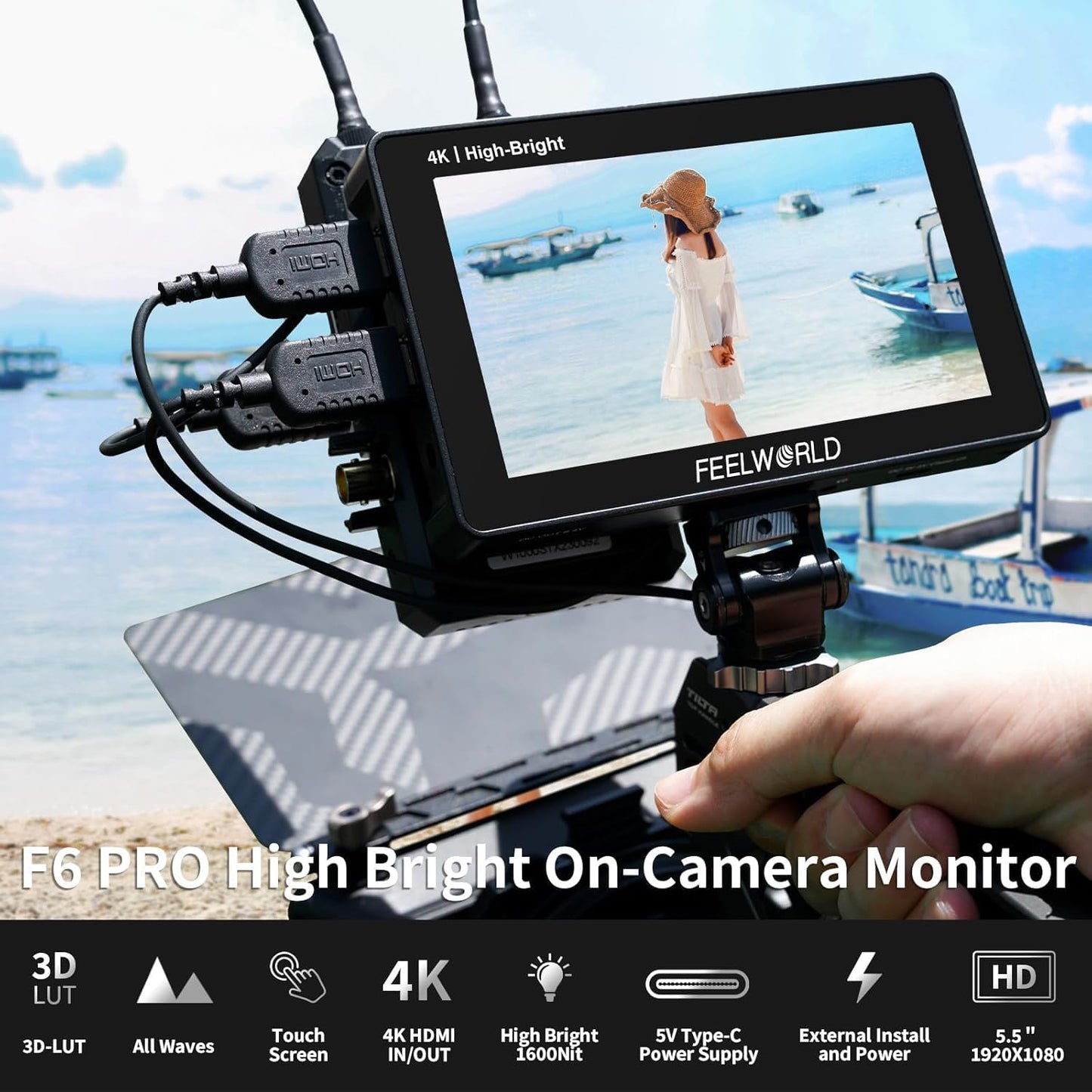 Feelworld F6 Pro +Battery +Carry Case 5.5 Inch 1600Nits High Bright Dslr Camera Field Monitor With Touchscreen Waveform 3D Lut F