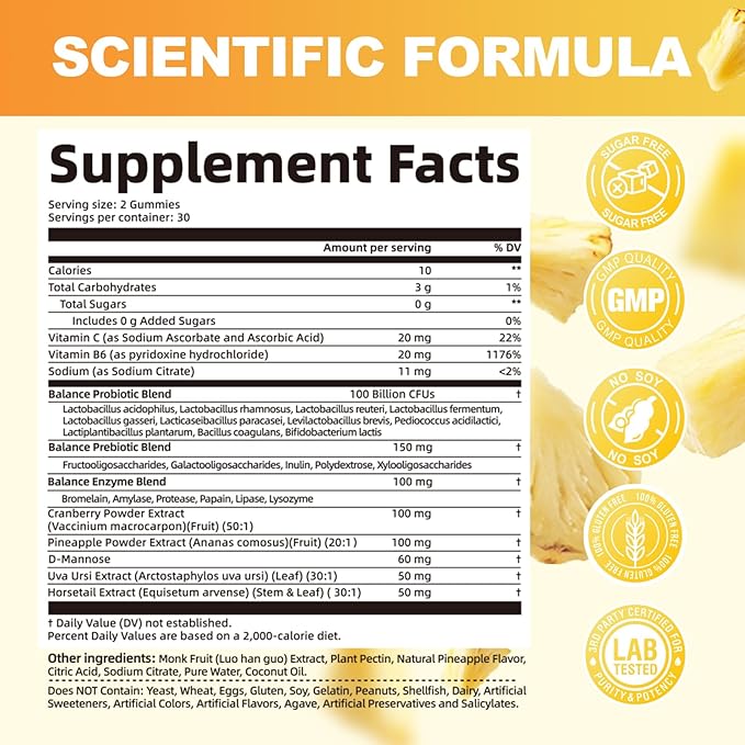 Premium Feminine Balance Gummies, Women’s Health Probiotics, Immune Support, Gut Health, Hormone Balance, PH Balance Vitality, Pineapple Flavor, 60 Count