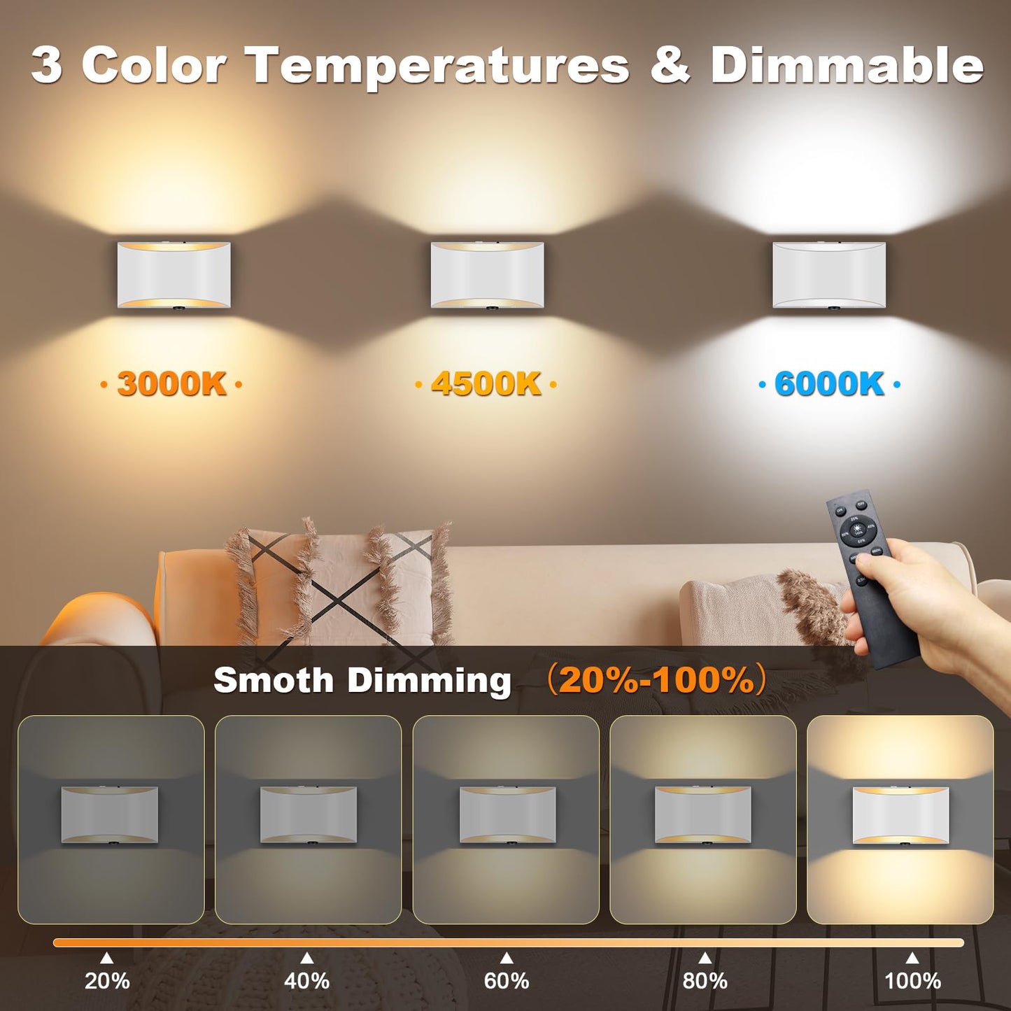 Aiilsmp Battery Operated Wall Sconces Set of 2, White, Rechargeable, Remote & Touch Control, Dimmable, 3 Color Temperatures, Model AW010B
