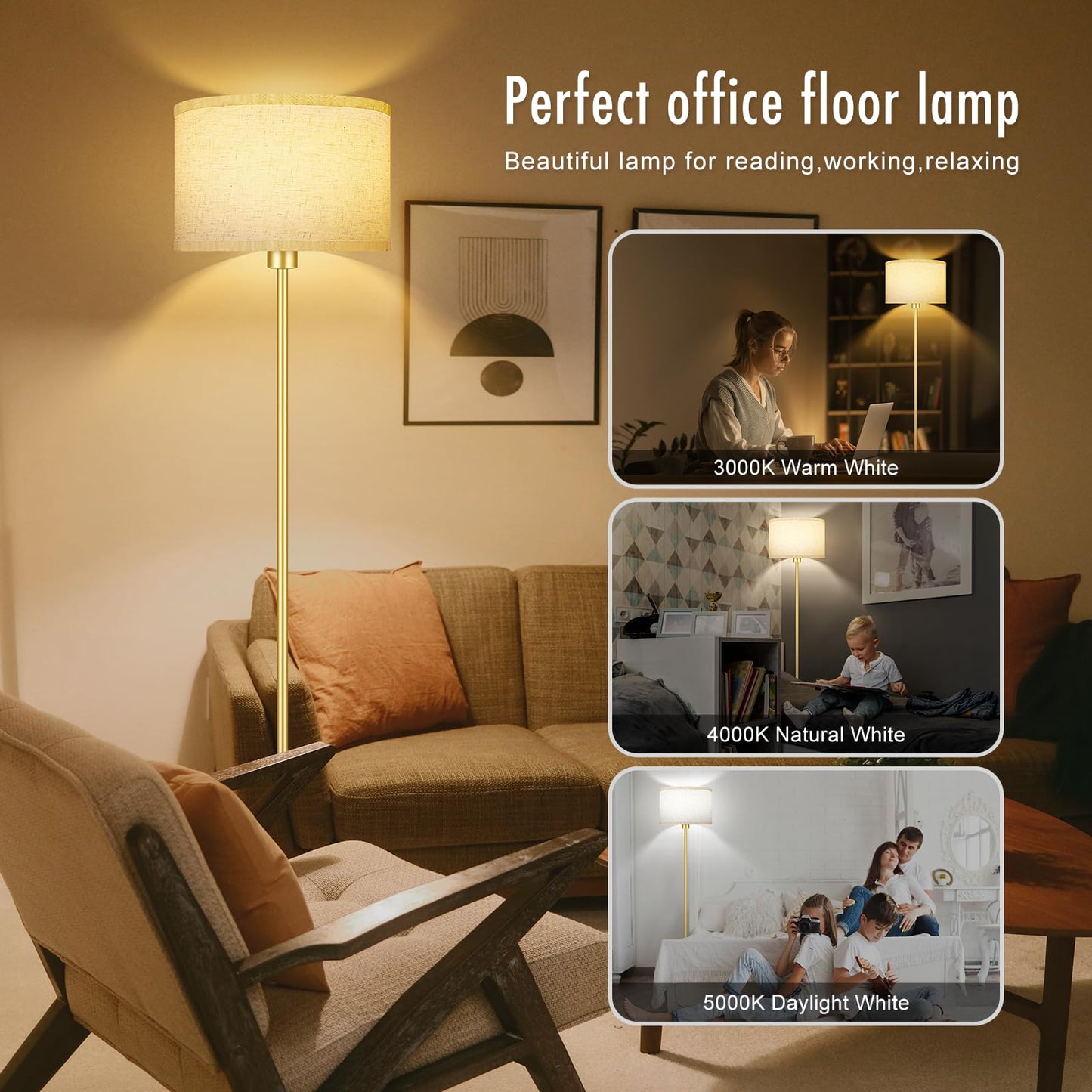 Boostarea Floor Lamp - 15W Led, 3 Dimmable Levels, Gold Metal, On/Off Footswitch, Tall Standing Lamp For Living Room/Bedroom/Office