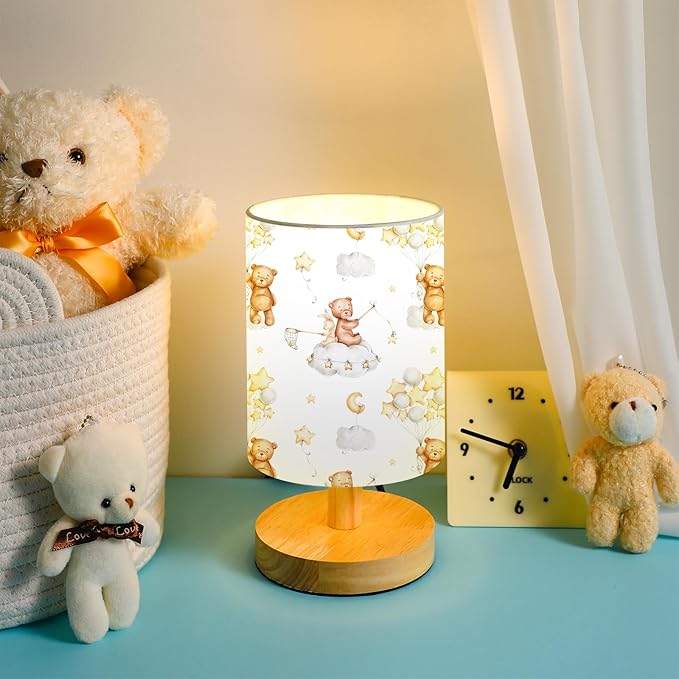 VIHOSE Bear Kids Table Lamp for Bedroom Kids Bedside Lamp with Linen Wooden Nightstand Cartoon Nursery Lampshade for Girls Boys Living Room