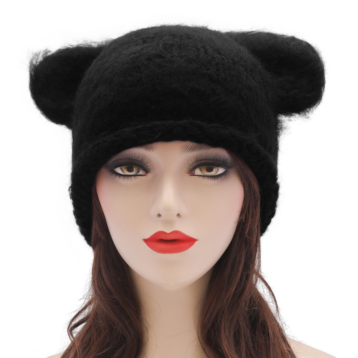 ZLYC Women Crochet Hat Knit Cat Ear Slouchy Beanie Cute Vintage Grunge Fuzzy Hat, Bear Ear Black