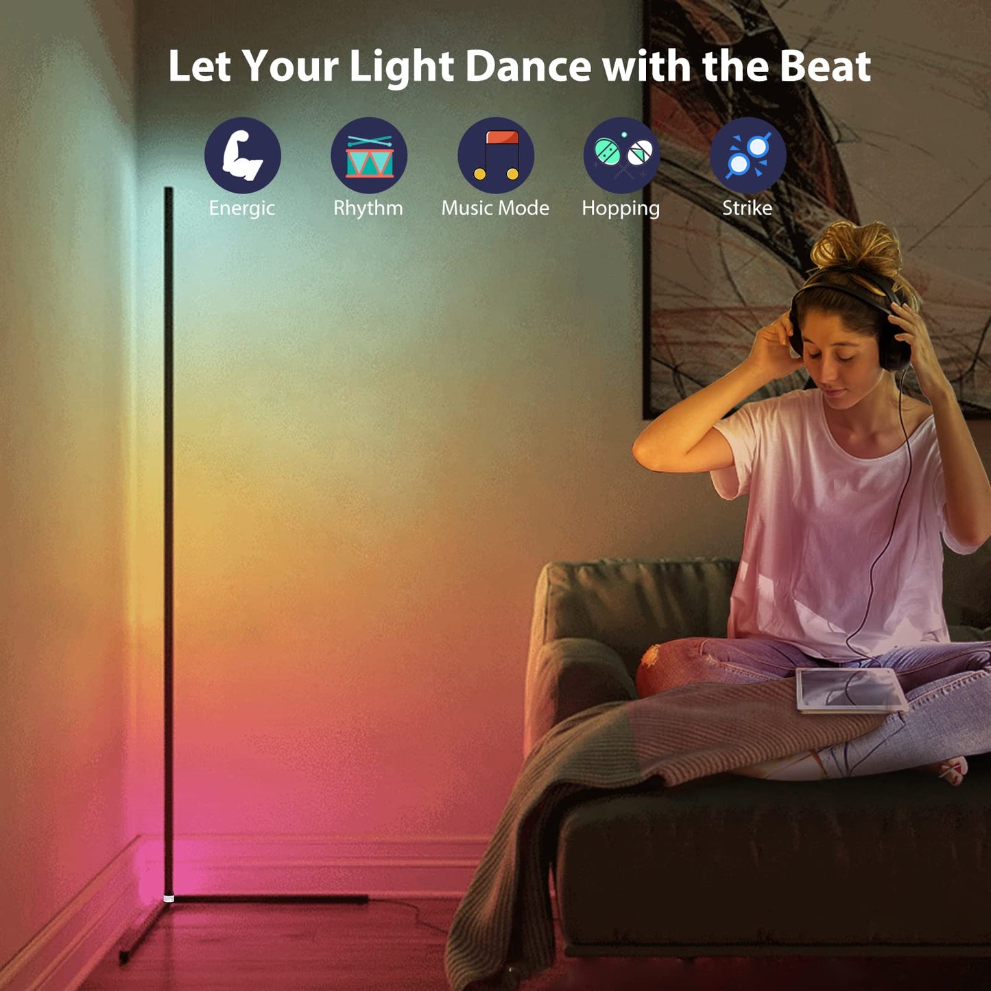 WISIMMALL RGB Corner Floor Lamp, 64.5in Bluetooth APP & Remote Control, 398 Dimmable Modes, Aluminum, 2PCS
