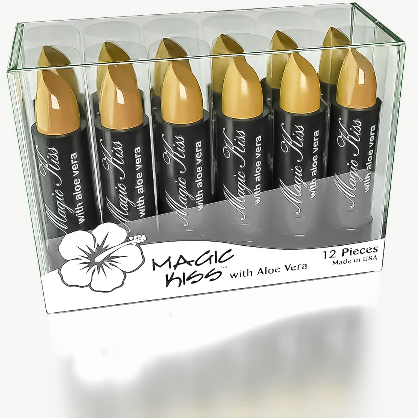 Magic Kiss Pack of 12 Color Changing Aloe Vera Lipstick set, MADE IN USA (Gold)