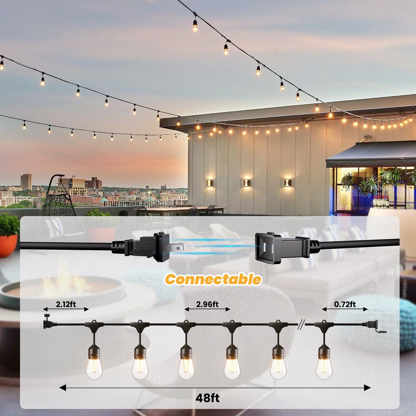 Svater Outdoor String Lights 48FT, Commercial Grade, 15 Edison Bulbs, Shatterproof, IP65 Waterproof, Warm White 2700K