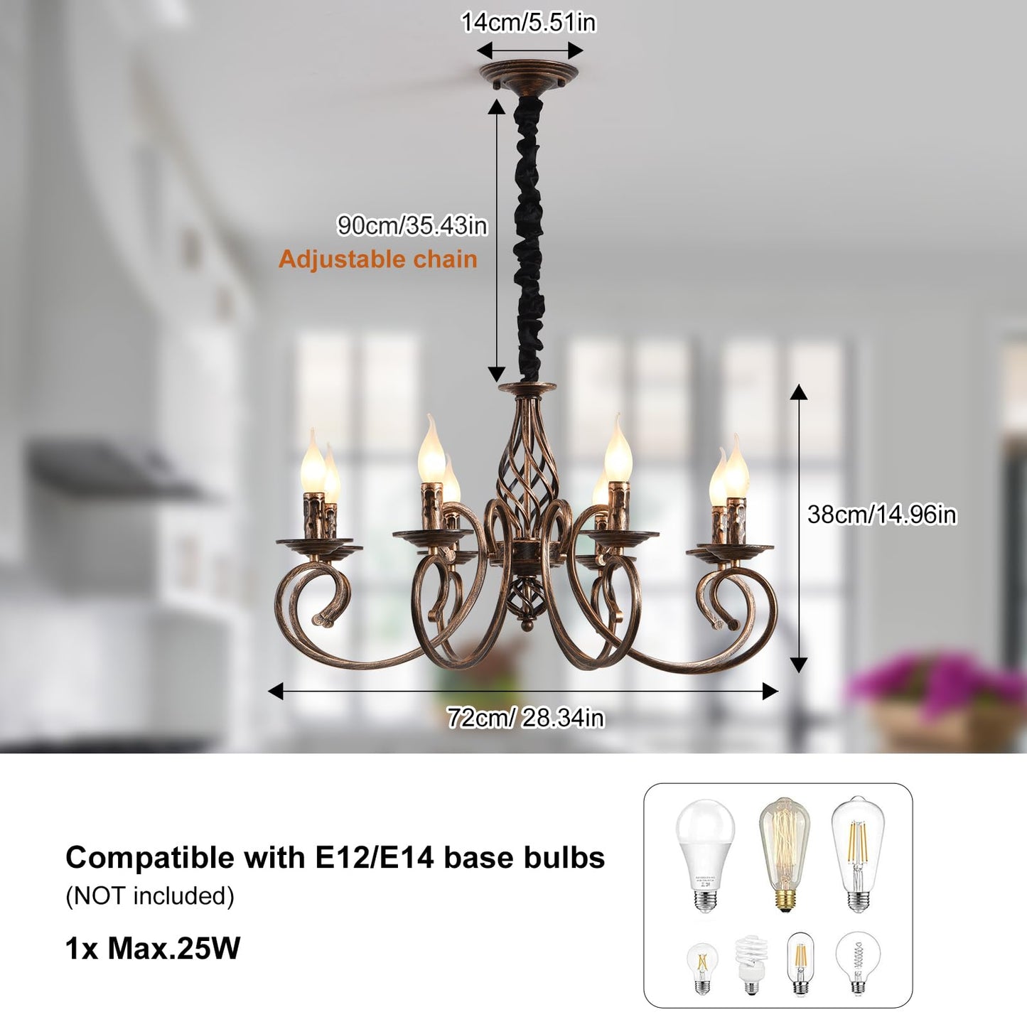Ganeed Rustic 8-Light Candle Chandelier, Vintage Metal Pendant Light Fixture In Bronze For Farmhouse, Kitchen, Dining Room, Bedroom