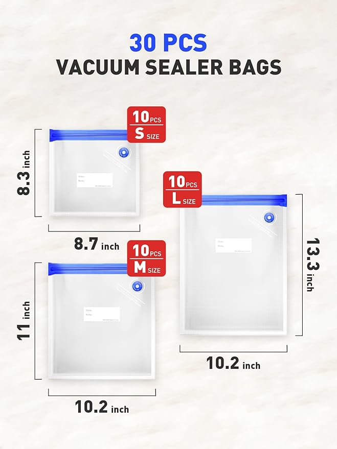 30 Pcs Reusable Vacuum Sealer Bags for Food, 3 Size BPA-Free Vacuum Storage Bags with Sealing Clips & Leak-Proof Design for Sous Vide Cooking, Freezer, Microwave Heating