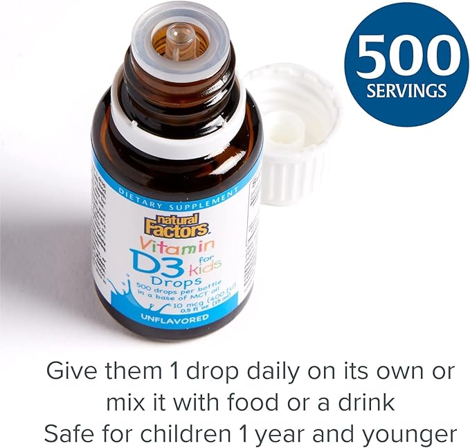 Natural Factors, Vitamin D3 Drops 400 IU (10 mcg) for Kids, Supports Strong Bones and Immune Function, 0.5 fl oz, 0.5 Oz