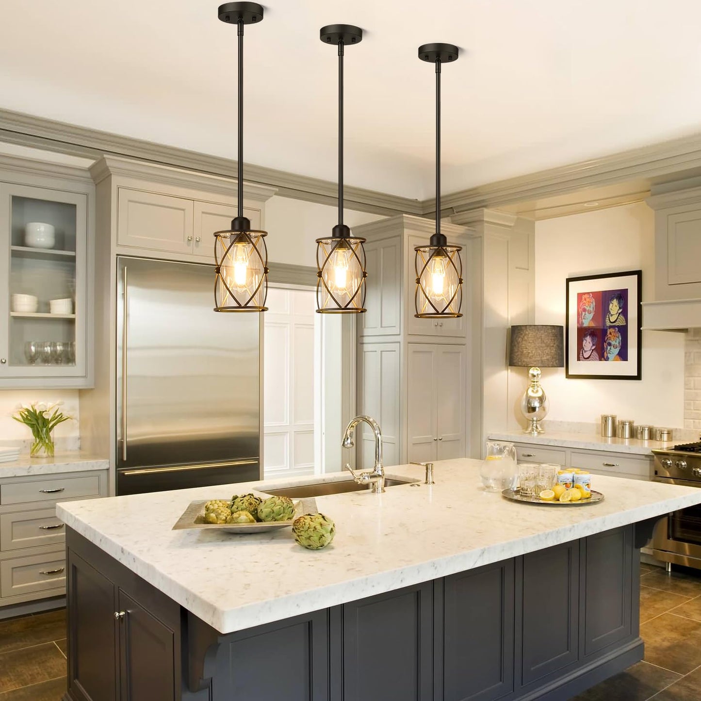 Osimir Glass Pendant Lights 3 Pack, Black, Modern Mini Hanging Light for Kitchen Island, Model CH9176BK-3PK