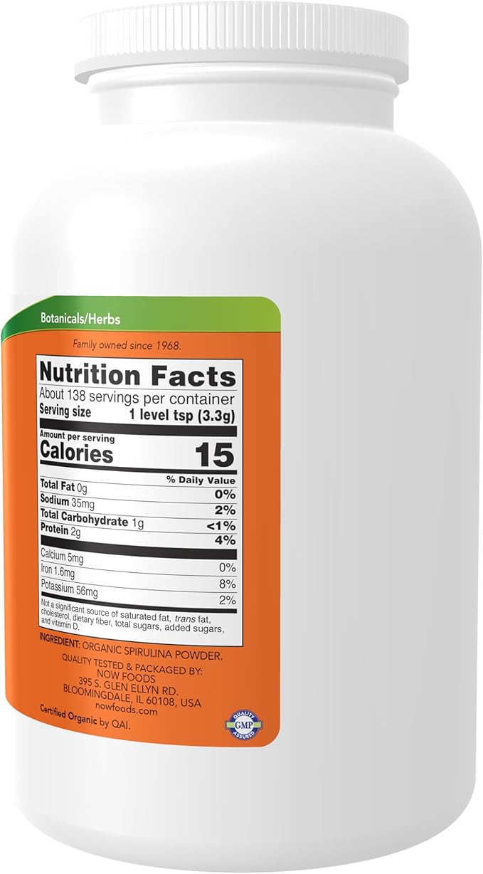 NOW Foods Supplements, Certified Organic, Spirulina Powder, Rich in Beta-Carotene (Vitamin A) and B-12 with naturally occurring GLA & Chlorophyll, 1-Pound