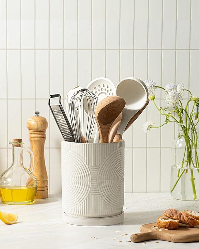 Utensil Holder, 7.2" Kitchen Utensil Holder for Counter, 2-in-1 Ceramic Cooking Utensils Holders with Spoon Rest, Utensil Crock for Spatula, Ideal Housewarming Gift (Beige)