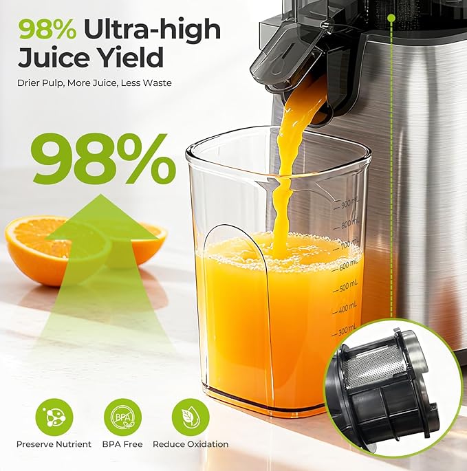 Cold Press Juicer, 5.4" Extra Wide Feed Chute Juicer Machines for Whole Vegetables & Fruits, 98% High Juice Yield, Easy Clean & Install, Compact Slow Masticating Juicer with 300W, Grey