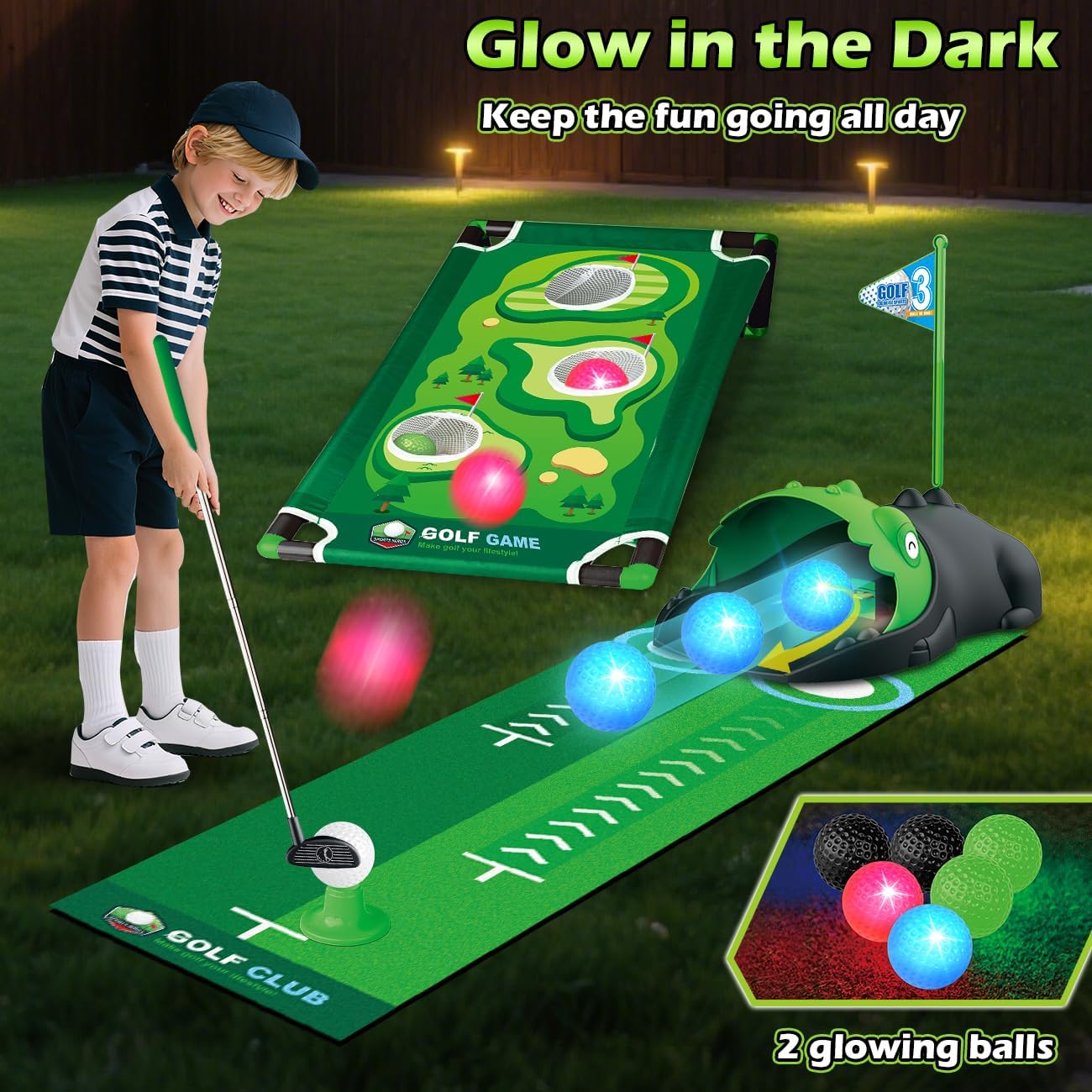 3 in 1 Kids Golf Set with Dinosaur Automatic Golf Returner, Golf Cornhole Board, Led Light Up Balls, Putting Mat, 3-8 Toddler Mini Golf Games, Indoor Outdoor Golf Toys Gift for Boys Girls 3+