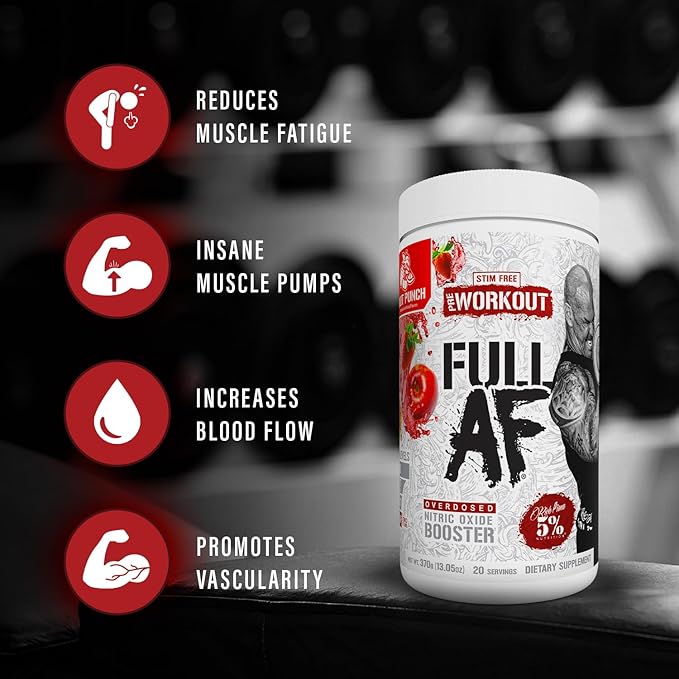5% Nutrition FullAF Pre-Workout | Stim-Free with Massive Pumps | L-Citrulline, L-Taurine, Nitrosigine, GlycerSize | 13.05 oz (Blue Raspberry)