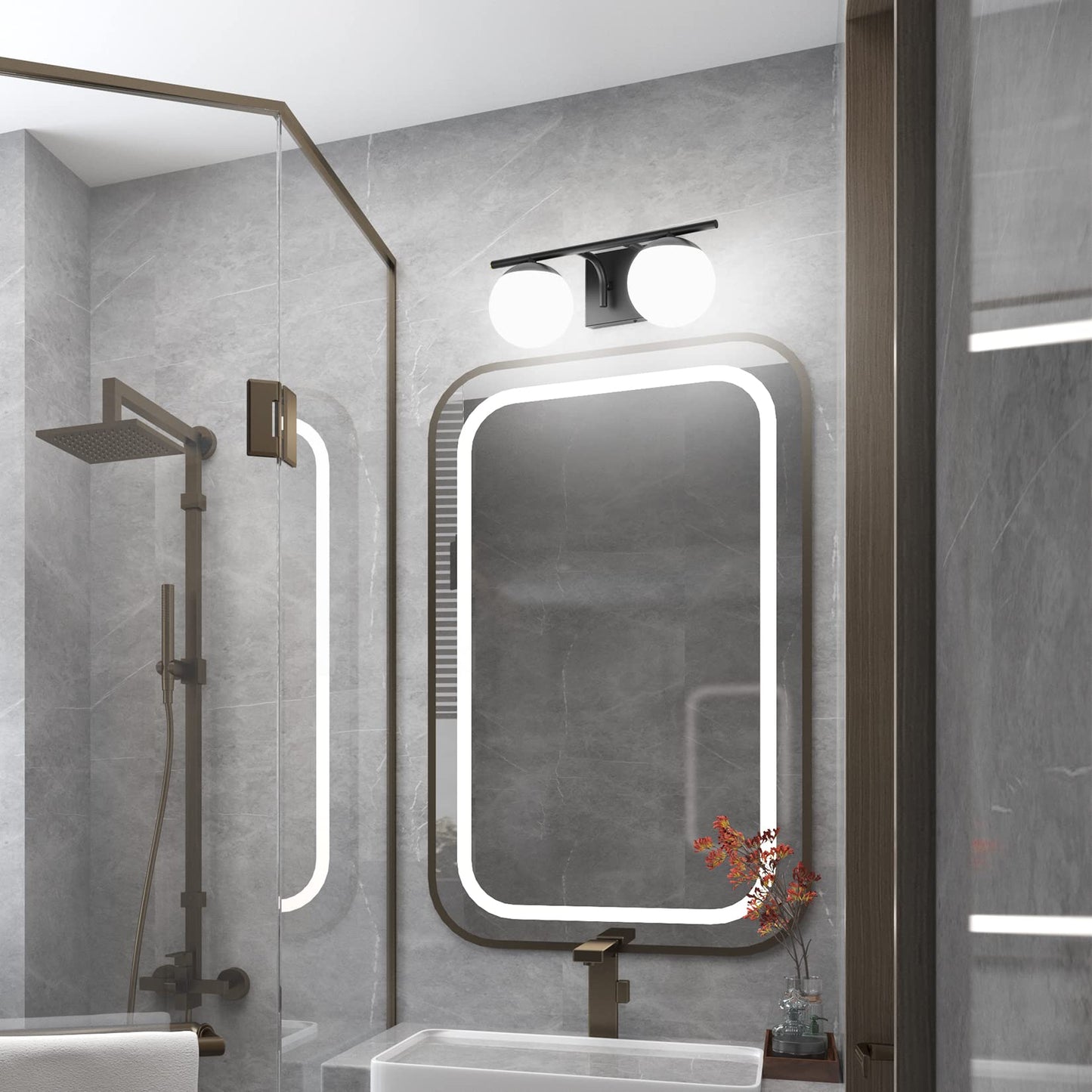 Ralbay 2-Light Bathroom Vanity Light Fixture - Black Mid Century Modern With Matte Black Milky Glass Globe, Model 1167
