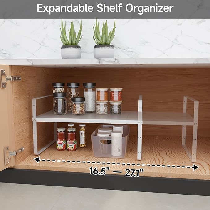 2Pack 16.5-27’’L Expandable Cabinet Countertop Shelf Organizer, Stackable Metal Shelves, Kitchen Organizers and Storage, White Storage Spice Rack for Pantry and Cupboard