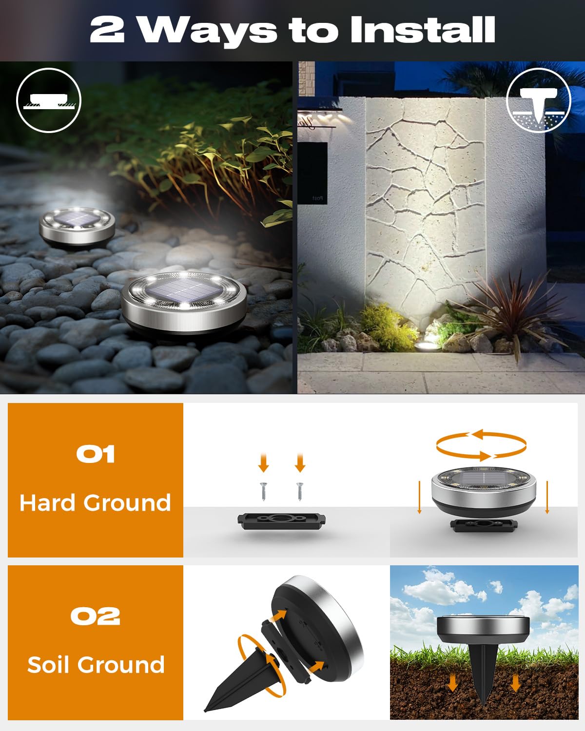 btfarm Solar Ground Lights, 8 LED IP65 Waterproof Disc Lights, 2 Pack, Cool White, Model DC-CD915