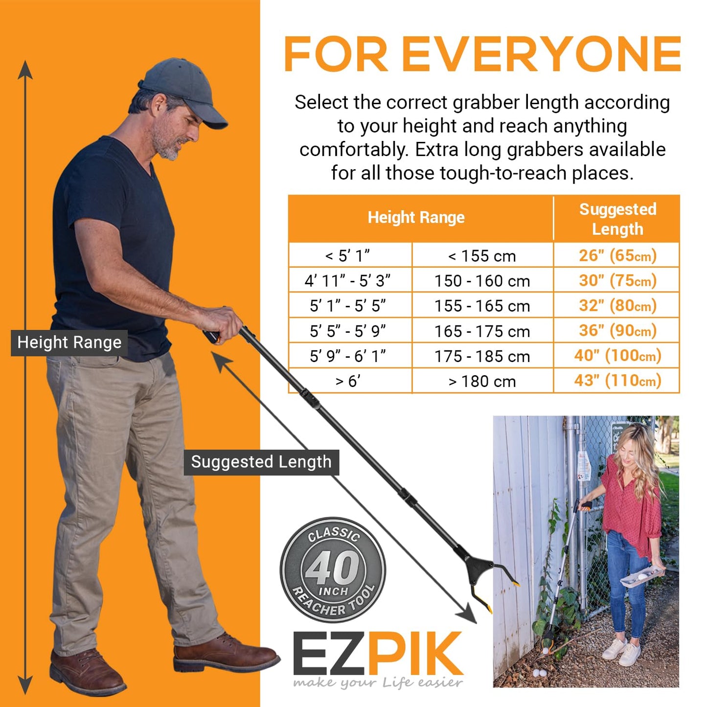 EZPIK Classic 40” Folding Grabber Reacher Tool with Dual Magnets, Heavy Duty Trash Picker Upper Grabber for Seniors & Disabled Users, Aluminum Pickup Tool for Everyday Reaching Aids (Black)