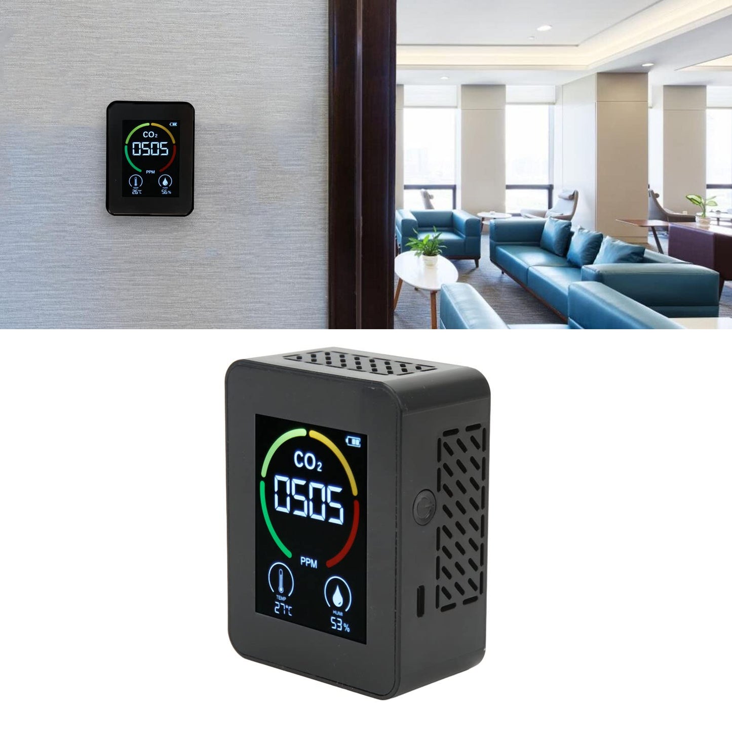 Carbon Dioxide Monitor, Infrared Sensor Ventilation Hole Temperature Humidity Testing Good Heat Dissipation CO2 Detector for Schools (Black)