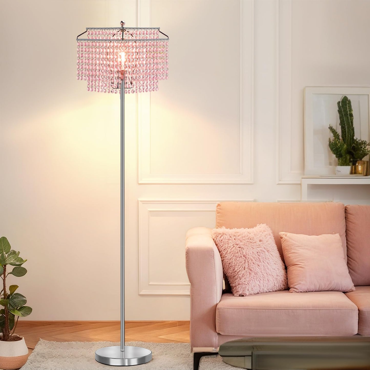 Luvkczc Pink Crystal Floor Lamp, 64 Tall Metal Standing Lamp With Double-Layer Lampshade, On/Off Foot Switch For Living Room And Office