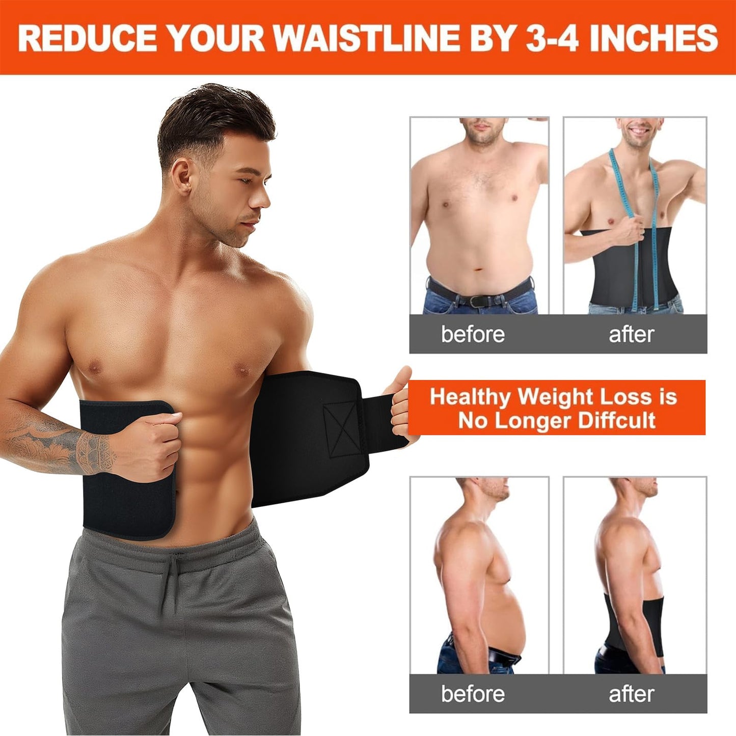 AMZBOSS Waist Trainer for Women & Men, Waist Sweat Band, Belly Band Sweat Belt, Stomach Wrap, Body Shaper Belt with Pocket (Black, Large)