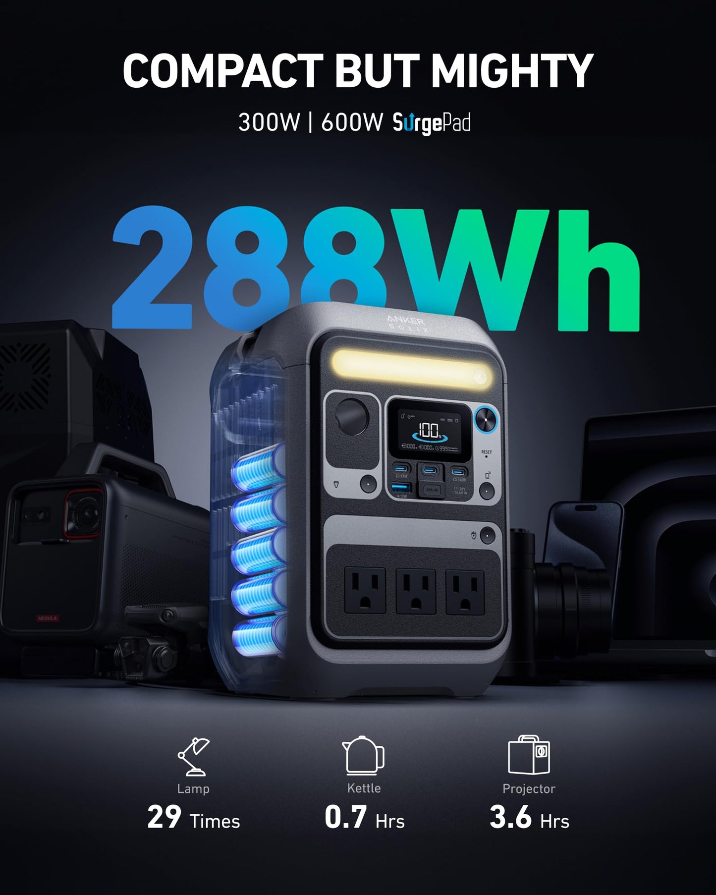 Anker Solar Generator Solix C300 With 60W Solar Panel, 288Wh Portable Power Station, 300W (600W Surge), Lifepo4 Battery, 140W Tw