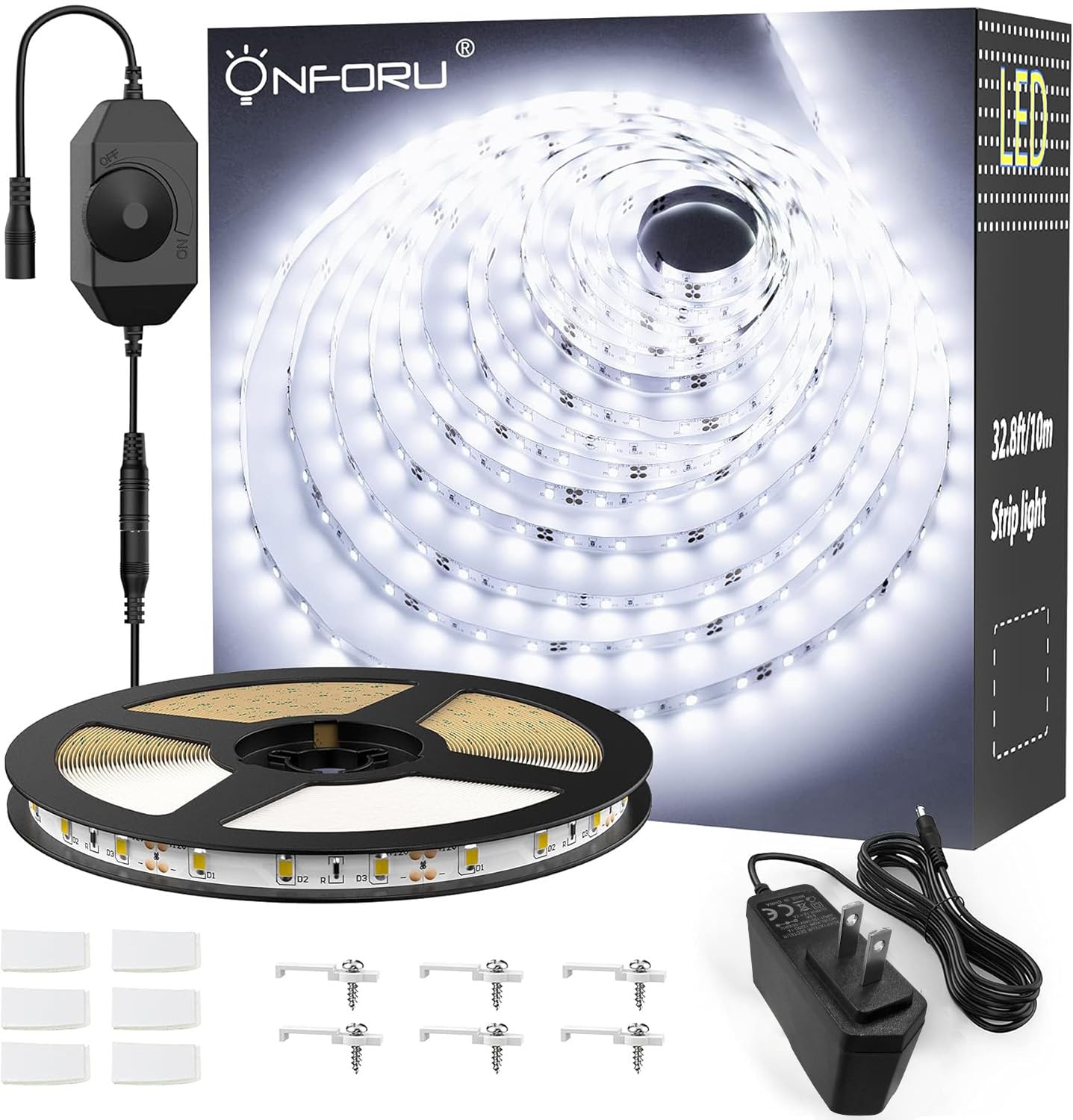 Onforu Led Strip Lights, 32.8Ft Dimmable Daylight White Tape Light Kit, 600 Leds, Flexible 12V Lighting For Home And Bedroom