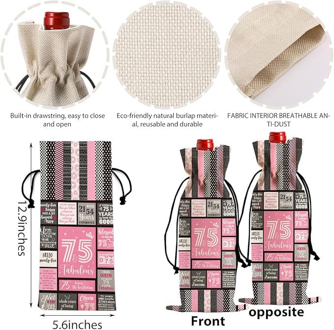 Funny 75th Birthday Gifts for Women Men Wine Bag, Happy Anniversary 75th Birthday Party Decorations for Man Women Wine Bags, 75th Birthday Gifts Women Wine Bottle Bag