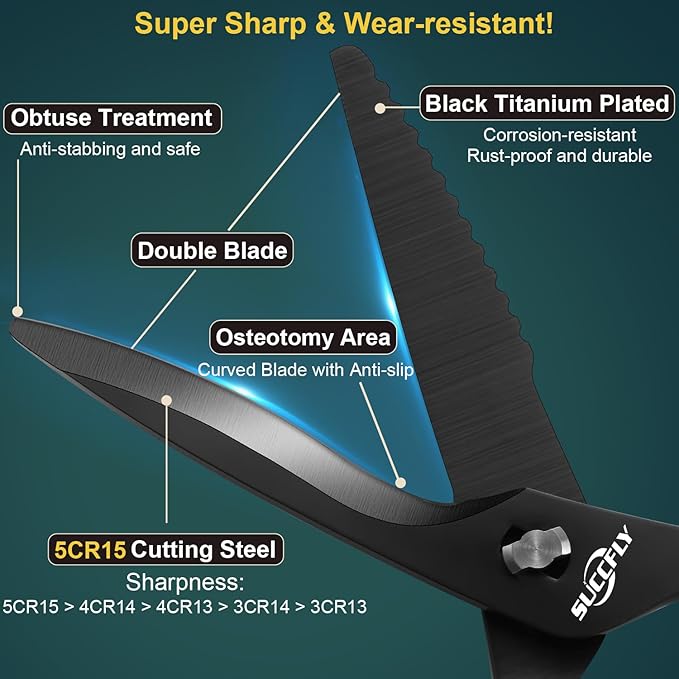 Kitchen Scissors for Food，Premium Kitchen Shears Heavy Duty，8.8″Ultra Sharp Meat Scissors Detachable Blade，All Steel Poultry Shears Black Titanium Plated，Anti-Slip Cooking Scissor All Purpose