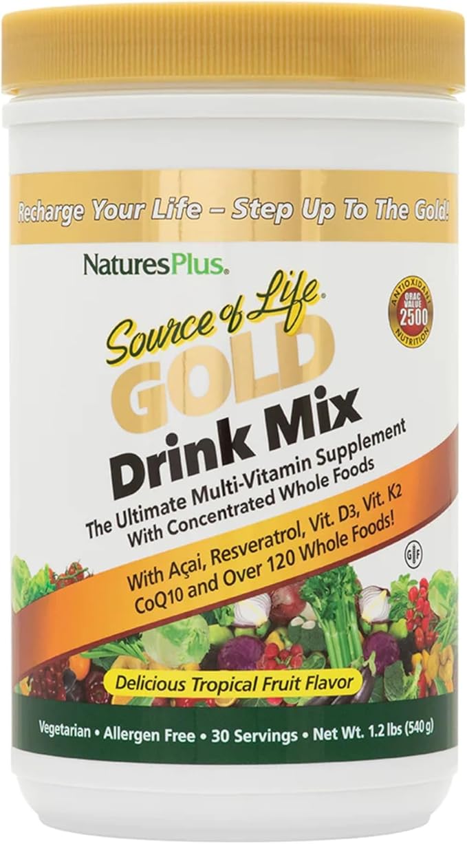 Natures Plus Source of Life Gold Drink Mix, Tropical Fruit Flavor - 1.2 lb - Multi-Vitamin Supplement - Blood, Bone & Immune Support - Gluten Free - 30 Servings