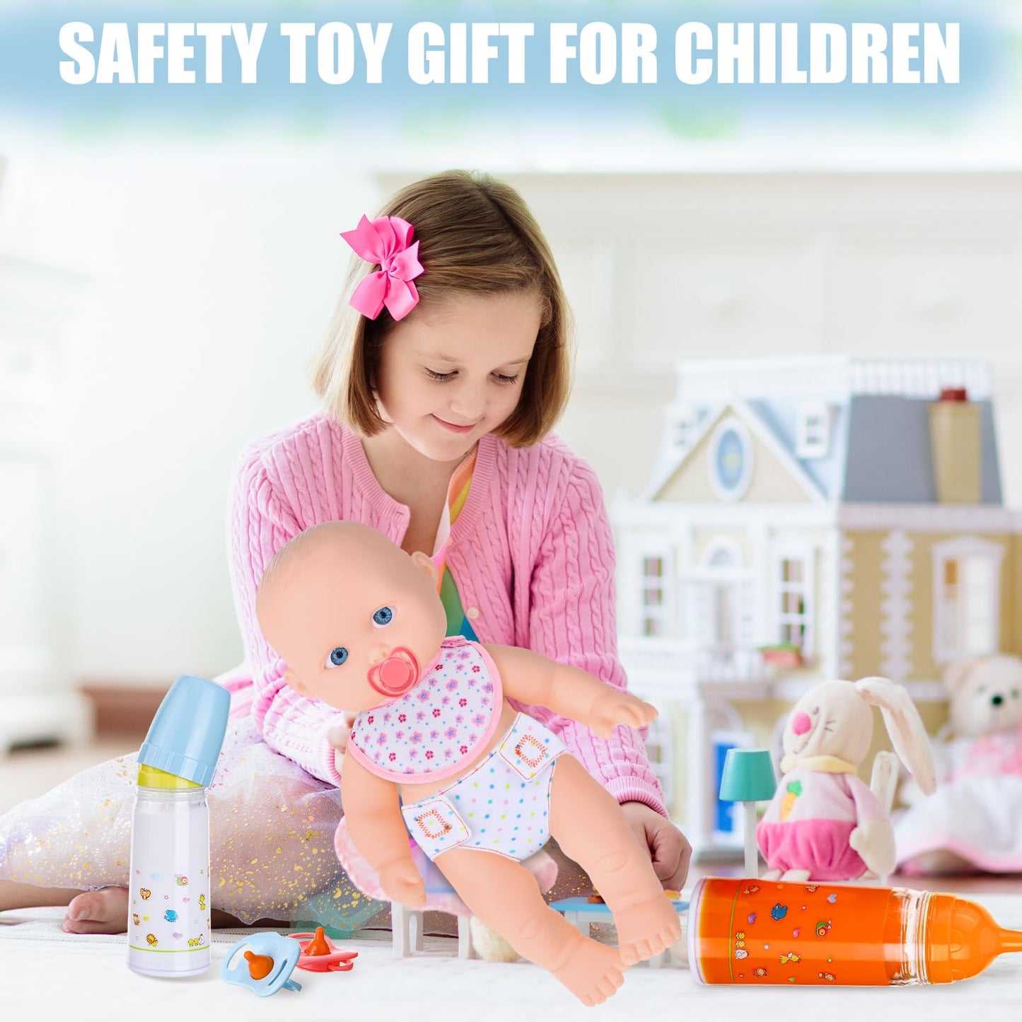 Shappy 10 Pcs Baby Doll Accessories Set Include Disappearing Milk and Juice Bottles, Pacifier, Bibs, Diapers, Baby Doll Feeding Set, Toy Bottles for Dolls for Girls Christmas Birthday Gift