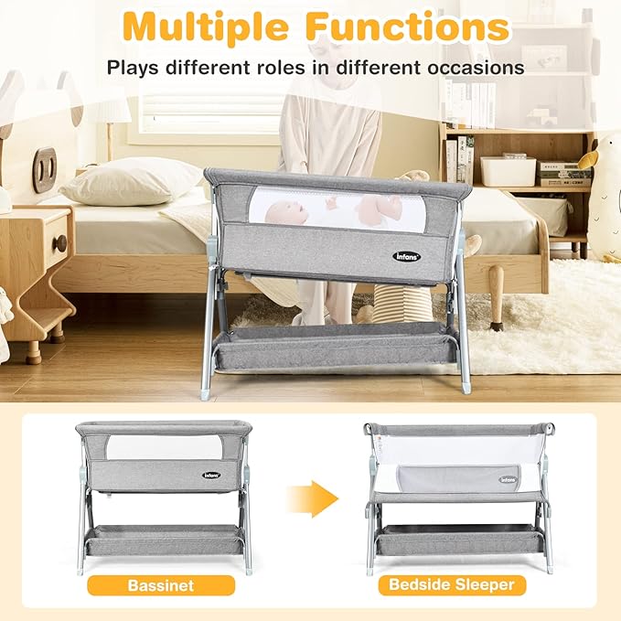 INFANS Baby Bassinet Bedside Crib, Newborn Sleeper w/Large Storage Basket, Adjustable Heights, Detachable &Washable Mattress, Breathable Mesh, Straps, Easy Moving Bed Side (Dark Grey)