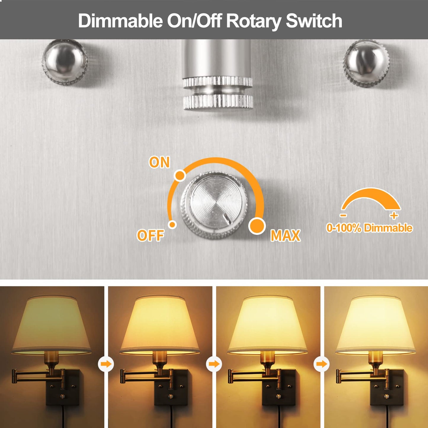 TRLIFE Wall Sconce Set of 2, Dimmable Brushed Nickel Swing Arm Lights, Medium White Fabric Shade, Model BYsconce-M-Whi