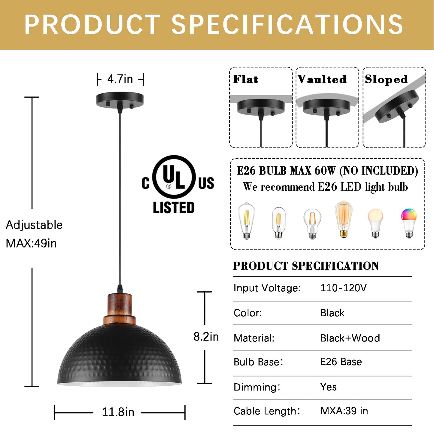 Mgcanyu Solid Wood Pendant Lights 3 Pack  11.8 Modern Matte Black Dome Hammered Metal Hanging Ceiling Light Fixtures Industrial Lighting For Kitchen Island Dining Living Room Restaurant Farmhouse