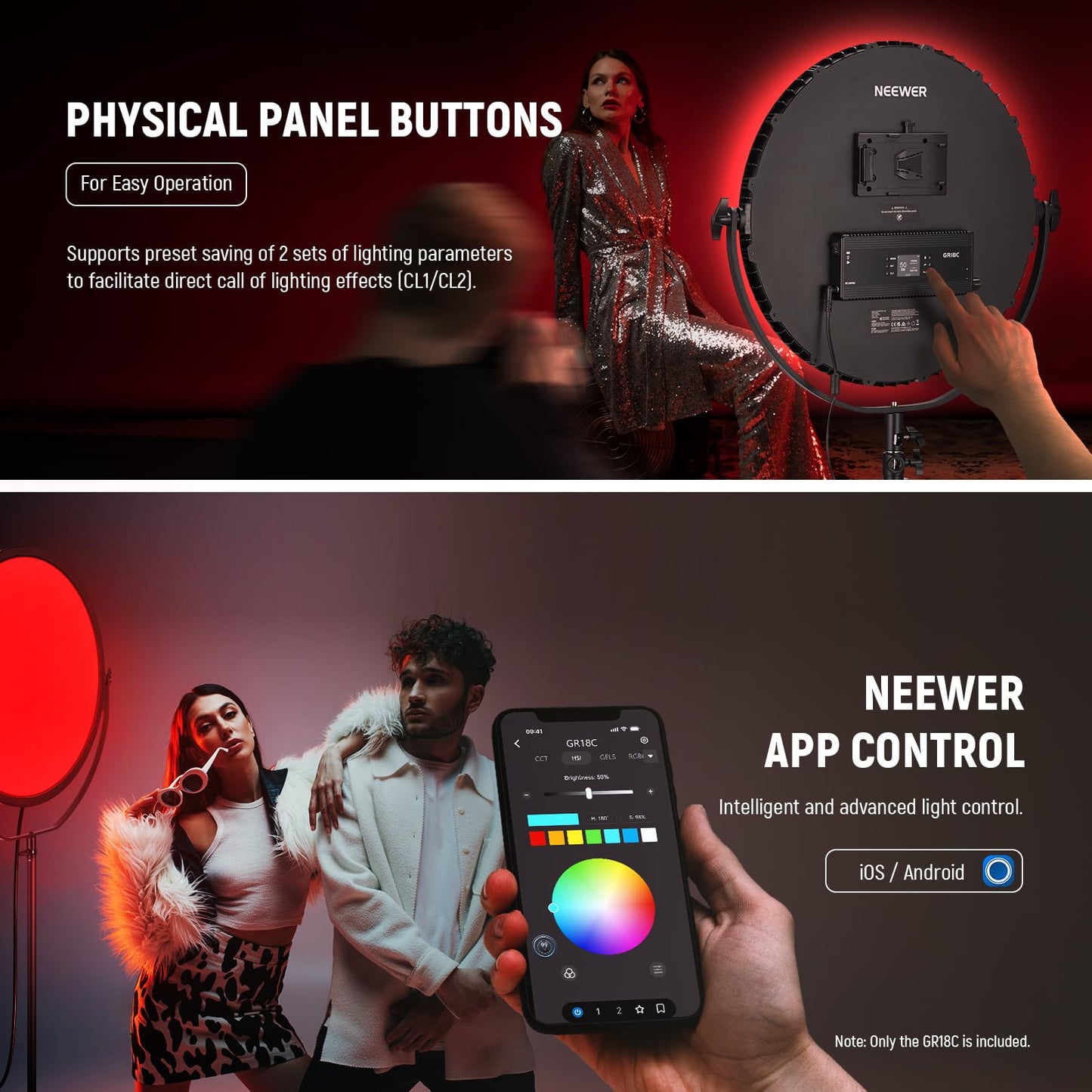 NEEWER 18" RGB LED Round Panel Video Light with APP Control, 65W 6000Lux/0.5m 2500K-8500K RGBCW Photography Studio Lighting /18 Scenes/V Battery Powered for Outdoor Filming Recording Streaming, GR18C