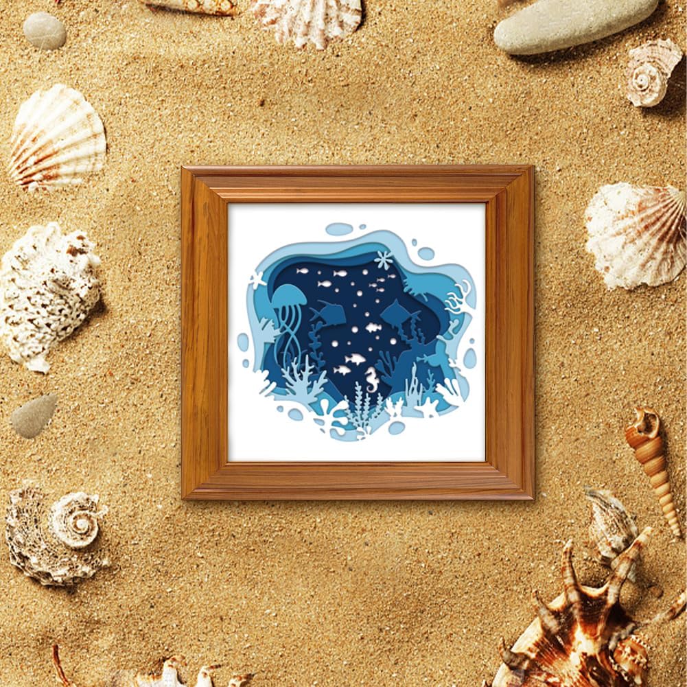 MAYJOYDIY 5pcs Layered Sea Ocean Creatures Stencils 11.8×11.8inch Large Sea Animal Stencils with Paint Brush Summer Coral Seaweed Fish Jellyfish Starfish Seahorse Templates for Wood Canvas Fabric