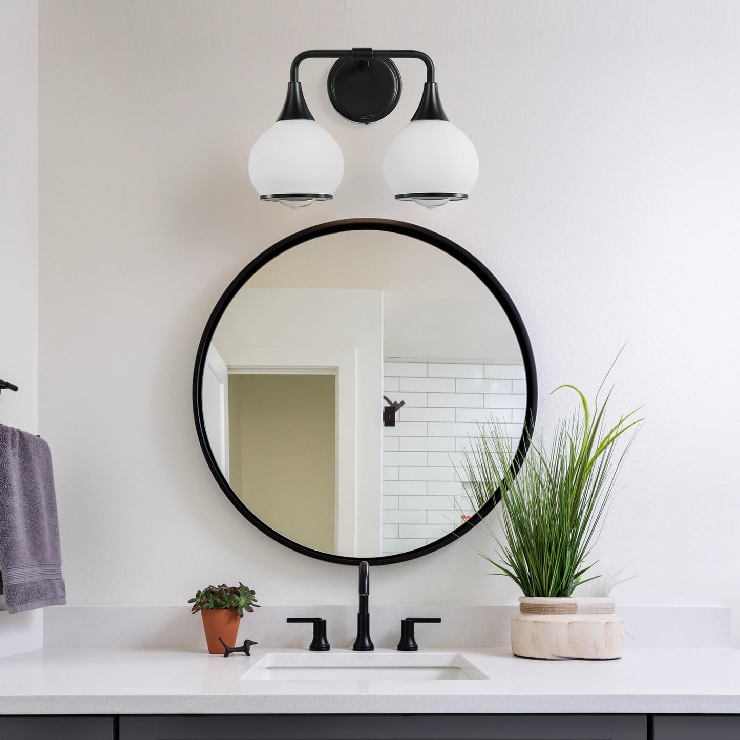 Hahzt 2 Light Black Bathroom Vanity Light Fixtures With Milky White Frosted Glass Shade, Model 8033Ml, Wall Sconce Lighting