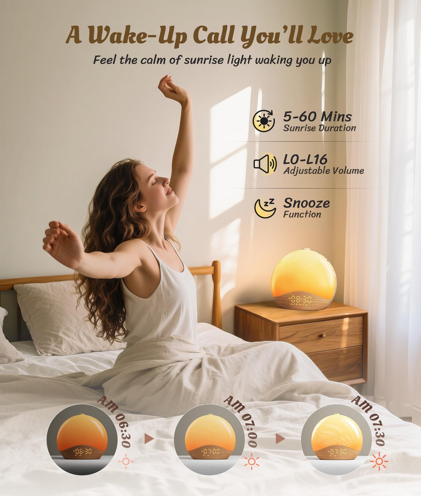 ecozy Wood Grain Sunrise Alarm Clock, White Noise Sound Machine, Music-Sync Lights, Upgraded Backlit Buttons for Bedrooms, 26 Soothing Sounds, 17 Night Lights, Wake Up Light for Heavy Sleepers
