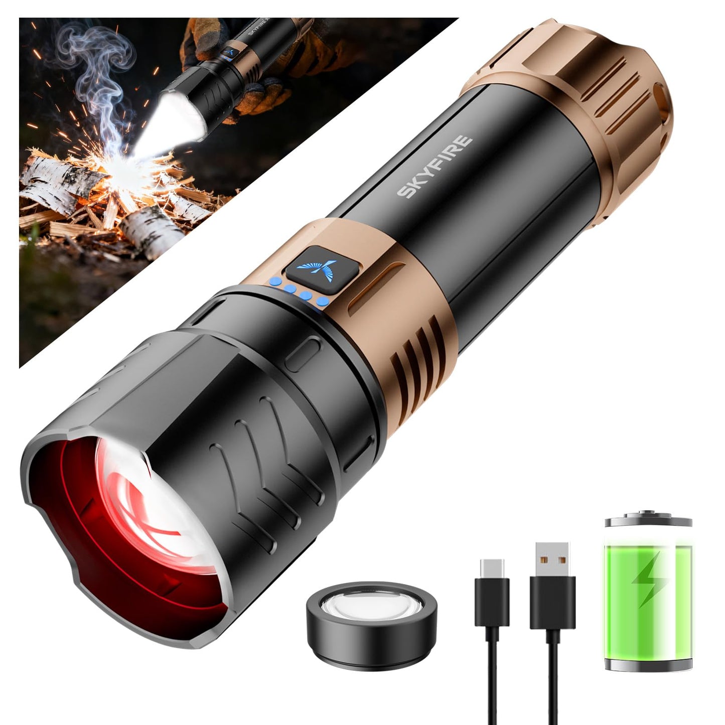 Skyfire Rechargeable Flashlights High Lumens With Ignition Lens 3000Lm Super Bright Flashlight Plus 7500Mah Zoomable Waterproof Tactical Flash Light For Camping Essentials Outdoor Home&Gifts-Upgraded