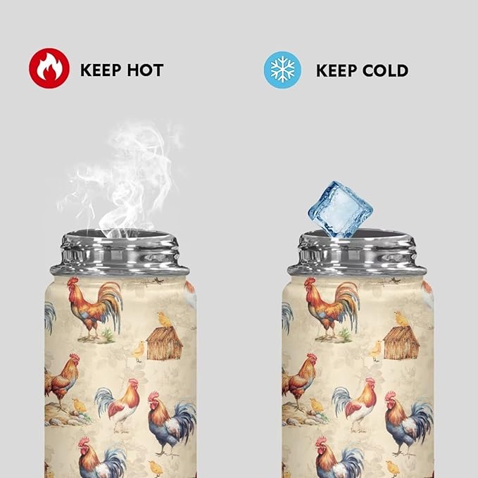 Chicken Insulated Water Bottles with Handle Stainless Steel Metal Water Bottle, Cold & Hot Water Bottle 20 Oz, Leak Proof Travel Cup