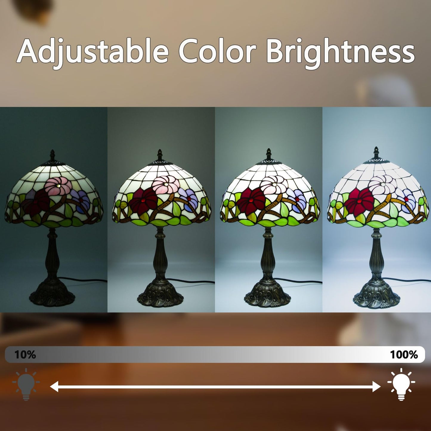 Crefotu Tiffany Table Lamp, 12 Inch, Stained Glass, Remote Control, Stepless Dimmable, Three Flowers, Model CFLP-0003