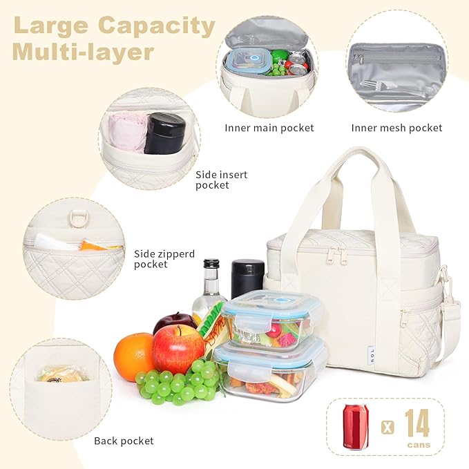 NOL Natural Organic Lifestyle Women's Nylon Lunch Cooler Cute Quilted Lunch Bag Large Leakproof Insulated Lunch Tote Bag for Work Picnic Travel,Cream