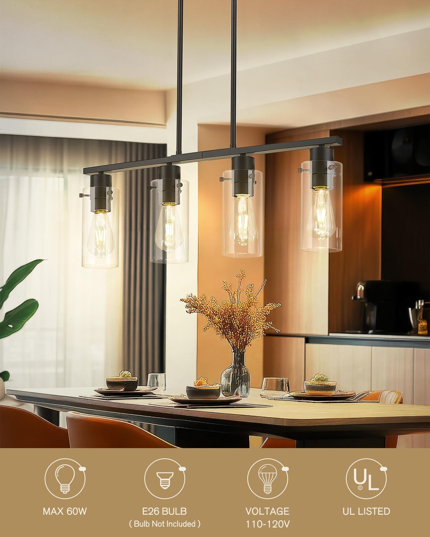 Emak Modern Black Kitchen Island Lighting  4-Light Dining Room Light Fixtures Over Table Farmhouse Linear Chandelier With Clear Glass Shade For Kitchen Dining Room  Pl120-Bkbk-4L-Cg