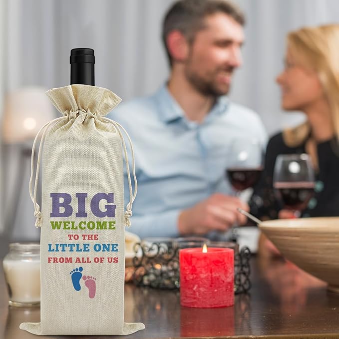 Welcome Baby Wine Bag New Baby Birth Gift for Friends Sister Baby Announcement Gift for Mom Dad Baby Girl Baby Boy Gift Drawstring Wine Wrapping Bag Baby Shower Decors Reusable Burlap Wine Gift Bag