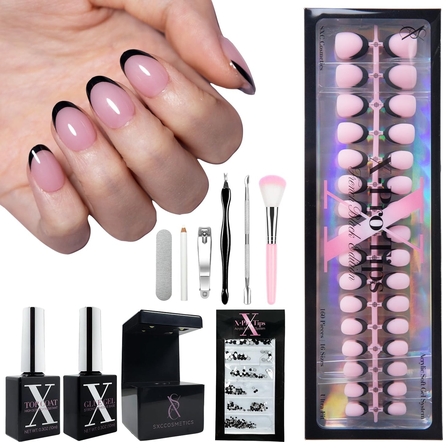 SXC Cosmetics French Tip Press On Nails - Black Series, Extra Short Almond, X-Pro Tips Starter Kit | 160PCS, 16 Sizes, 5 Styles,