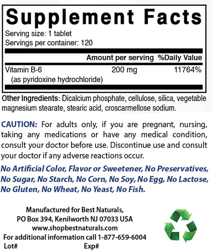 Best Naturals Vitamin b6 200mg for Adults, 120 Tablets (120 Count (Pack of 2))