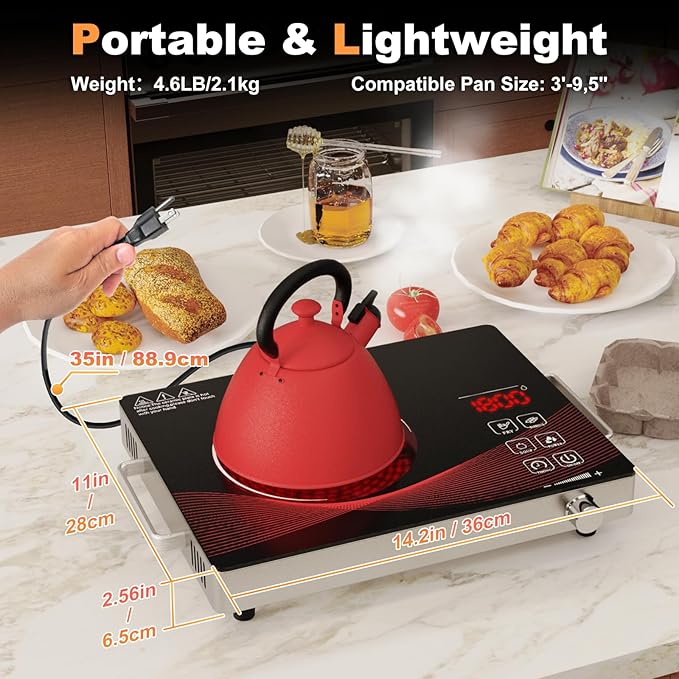 Portable Electric Stove 1800W, 110V Ceramic Hot Plate, Single Burner Cooktop with Knob Control, Timer, Safety Lock, Portable Cooking for Home, Office, RV