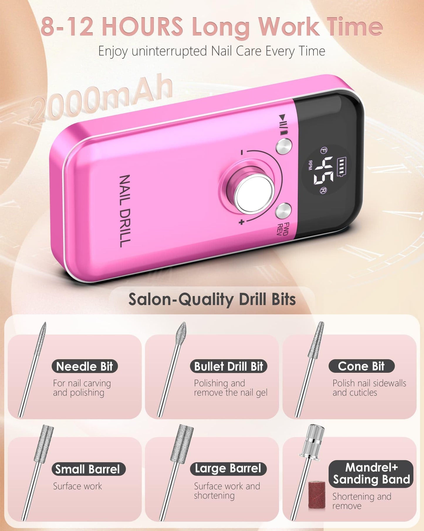 Portable Nail Drill Professional: 45000 RPM Rechargeable Electric Nail Drills Machine with 6 Bits, Drill para Uas Profesional E